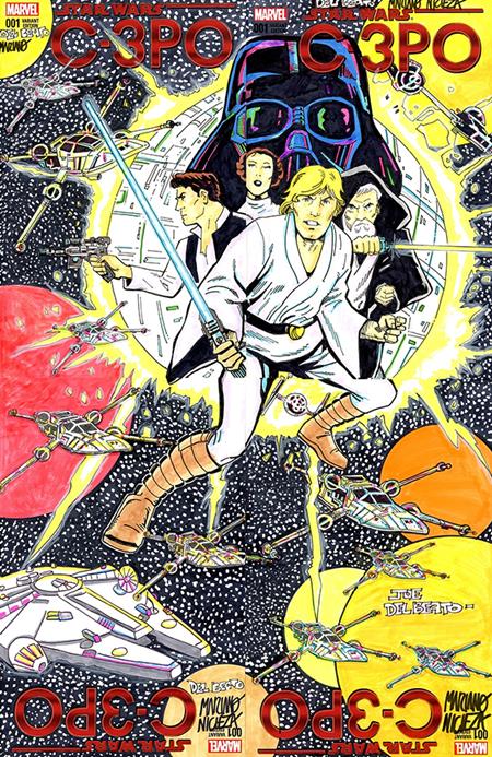 DF MARVEL COMICS COMMISSIONED COVER ART FOUR PIECE BLANK VARIANT CONNECTING SET SIGNED AND REMARKED BY MARIANO NICIEZA AND JOE DELBEATO WITH A CLASSIC STAR WARS #1 HOMAGE SKETCH FOC July 6, 2026