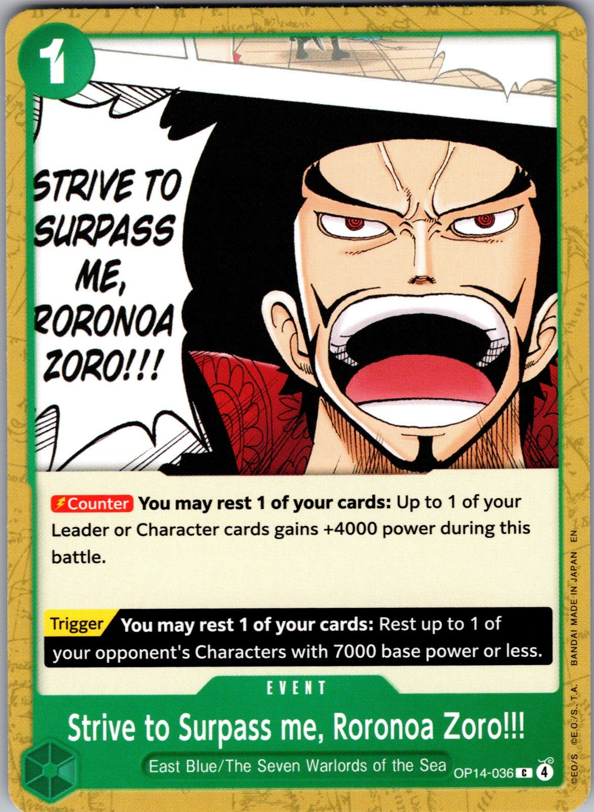 Strive to Surpass me, Roronoa Zoro!!! C The Azure Sea's Seven OP14-036 LP