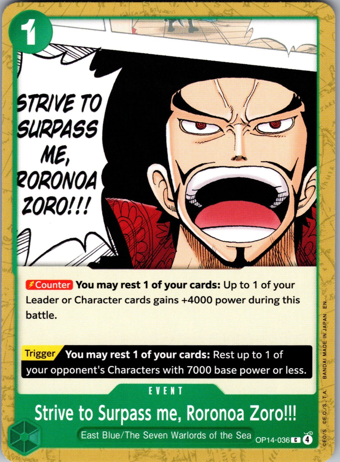 Strive to Surpass me, Roronoa Zoro!!! C The Azure Sea's Seven OP14-036 LP