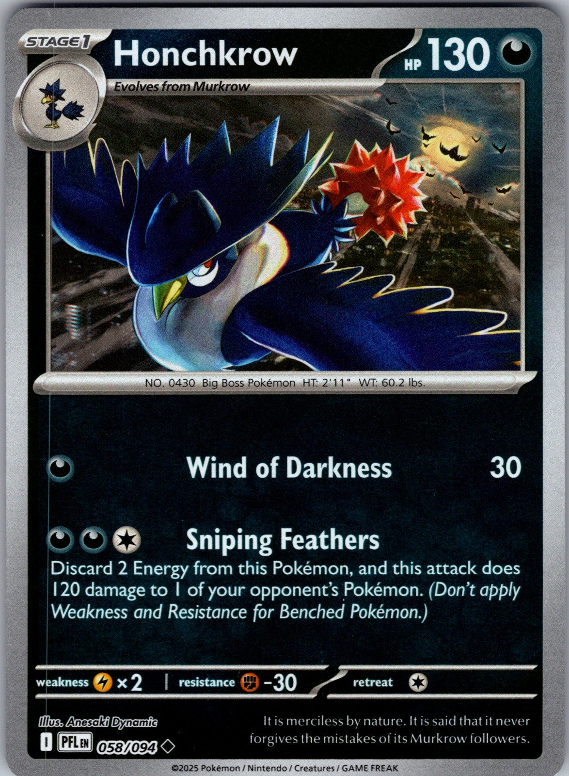 Honchkrow Reverse Holo Uncommon ME02: Phantasmal Flames 058/094 LP